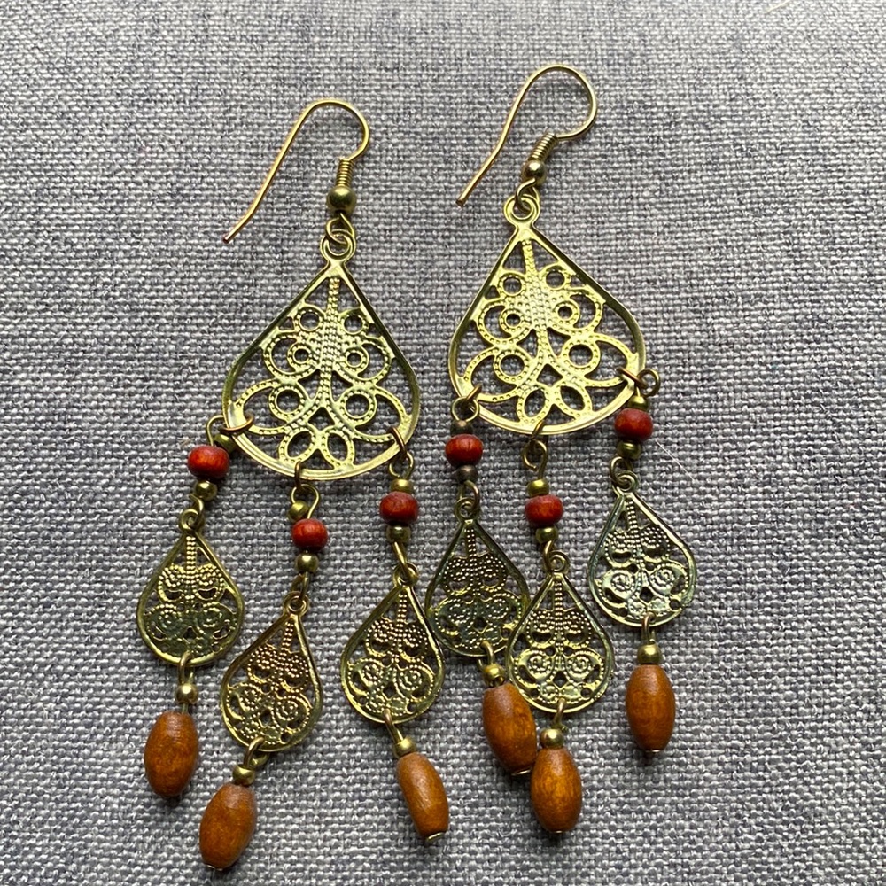 Boho Dangling Earrings with Wooden Beads - Picture 3 of 3